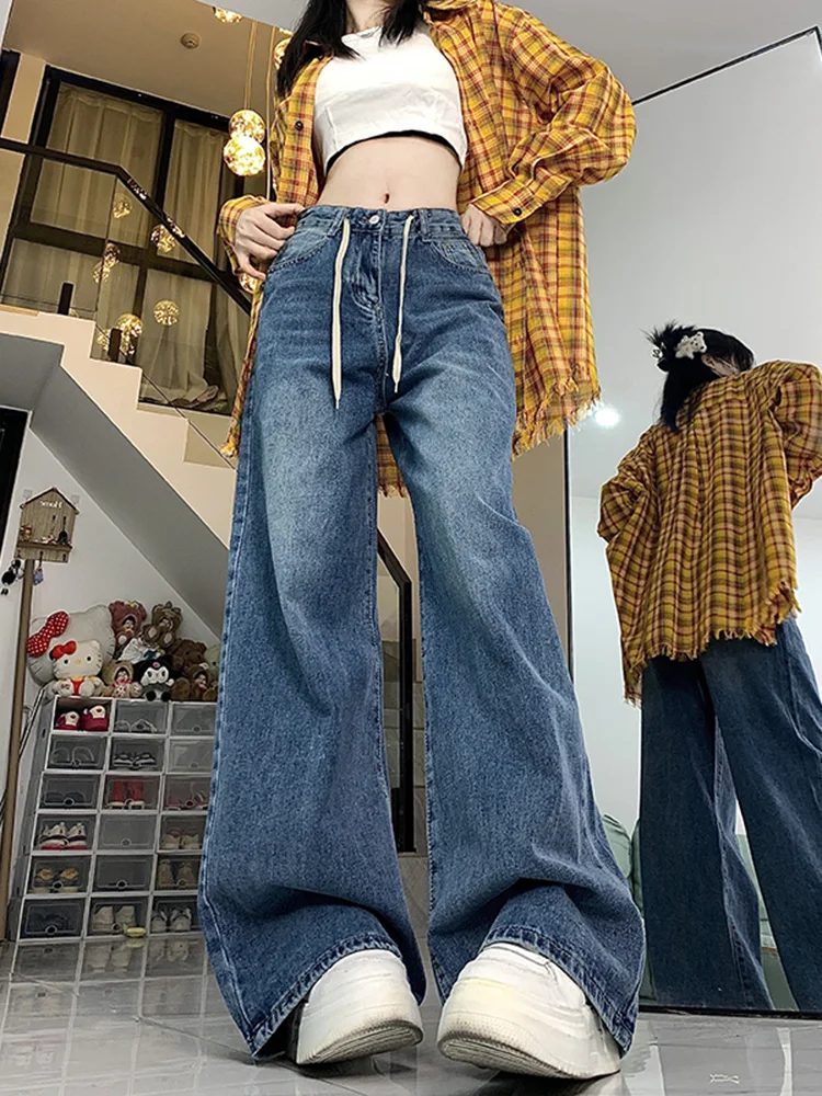 

WCFCX STUDIO New Womens Blue Baggy Straight High Waist Vintage Denim Wide Leg Trouser Streetwear Y2k Korean Fashion Jeans