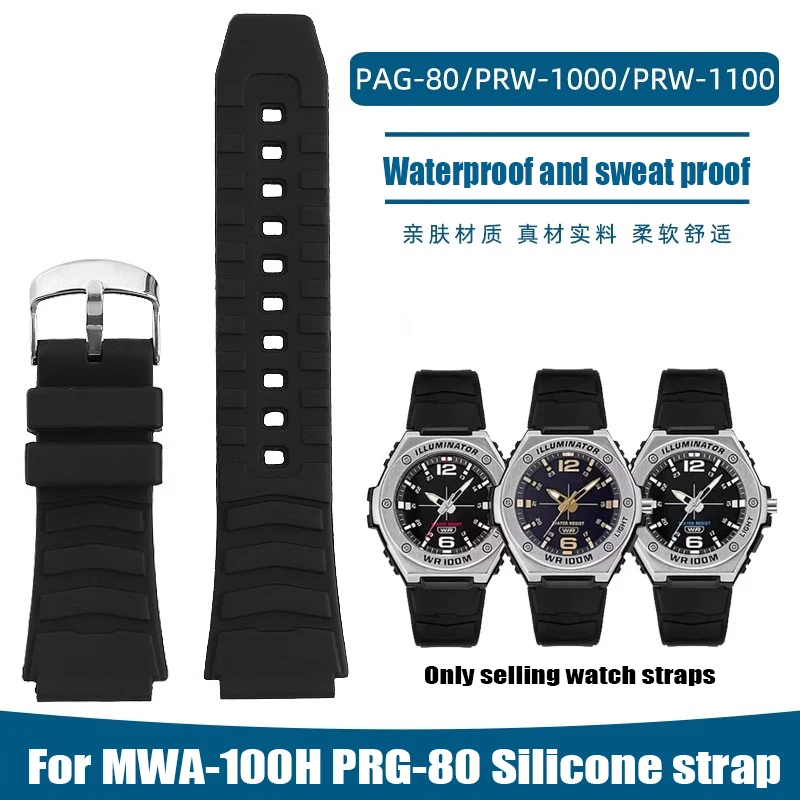 For Casio MWA-100H MWD-100H GST-B300 PRG-80/PAG-80 1000/PRW1100 Convex Rubber Silicone Watch strap 20MM Watchband Black Bracelet