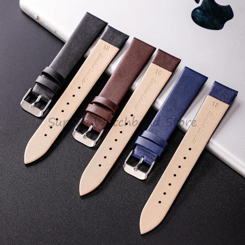 Cowhide Leather Watch Band Ultra Thin 12/14/16/18/20/22mm Watch Strap Plain Weave Needle Pattern Colorful Belt Replacement