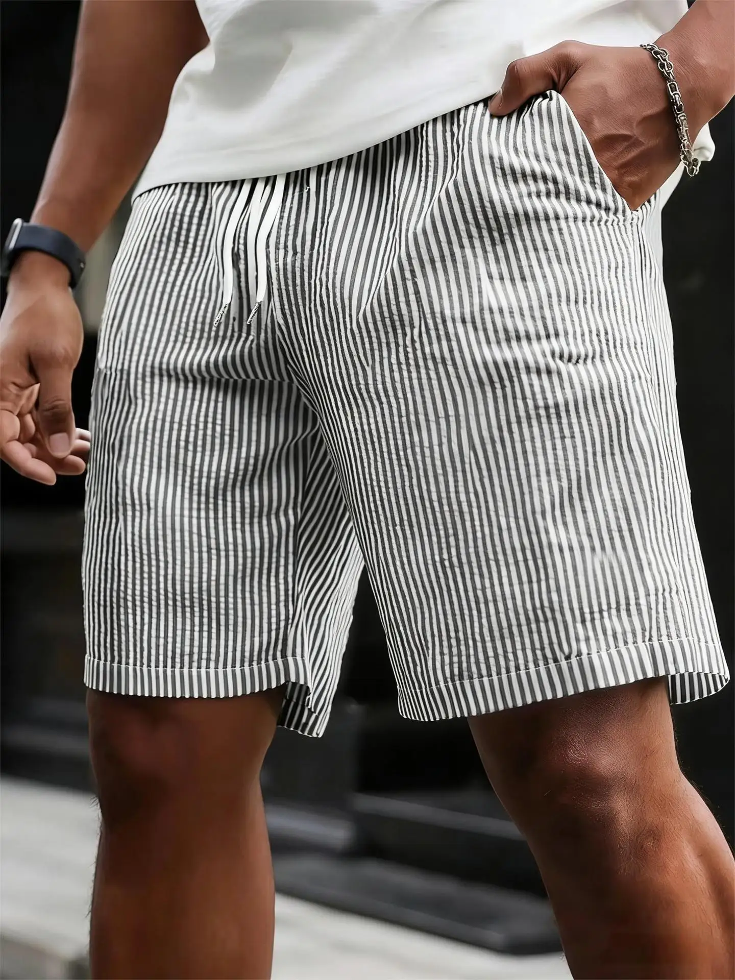 Frühling/Sommer Gestreifte Schnür-Jogger-Shorts - Einfache Fünfteilige Shorts für Herren - Lässige Hosen – Detail 2