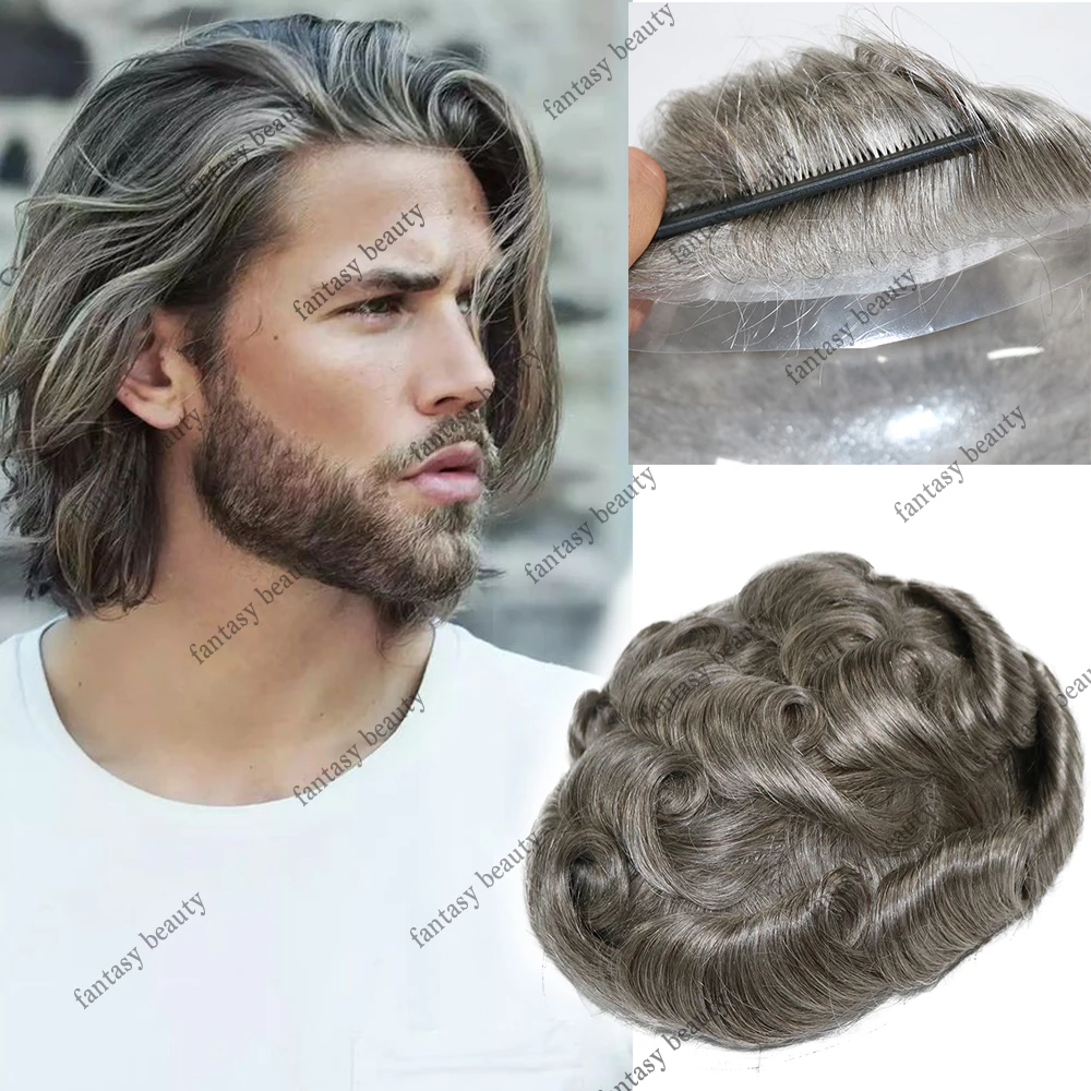 Rambut Palsu Pria V Garis Rambut Alami Bulat Abu-abu Awet Kulit Tipis Rambut Palsu untuk Pria Transparan PU Wig Pria Sistem Pengganti 6 "Rambut