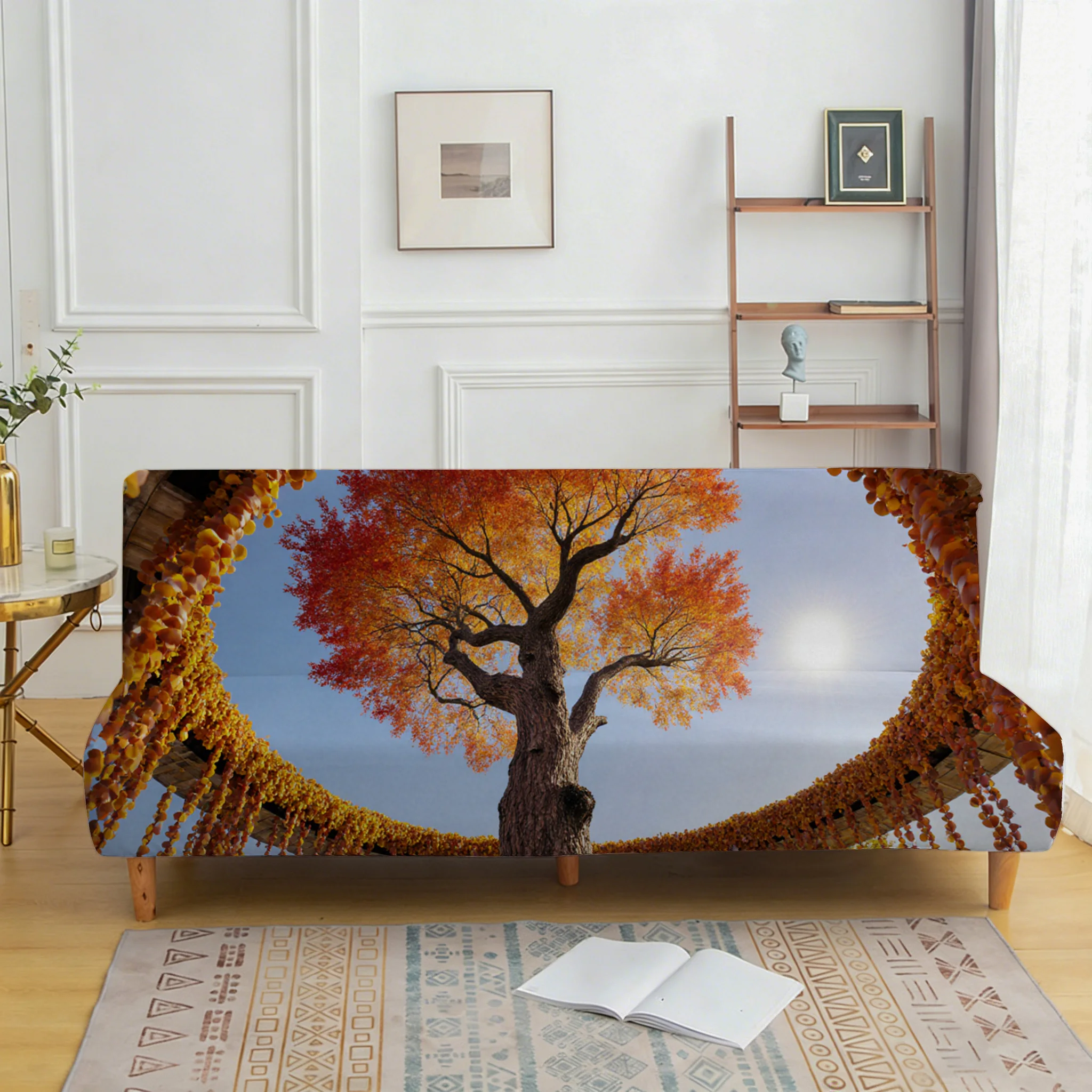Autumn red maple landscape printed sofa bed cover, living room sofa bed cover, dustproof machine washable sofa bed cover