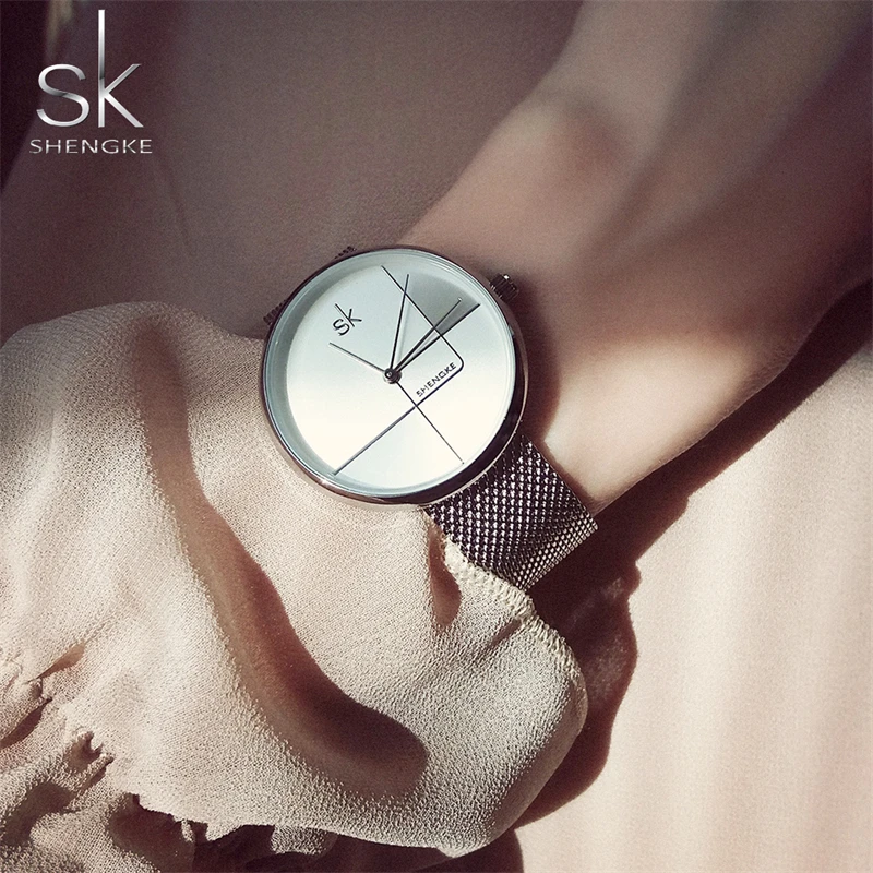 SHENGKE Fashion Golden Women Watches Top Luxury Woman's Quartz Wristwatches SK Mesh Brand Creative Ladies Clock Reloj Mujer Saat