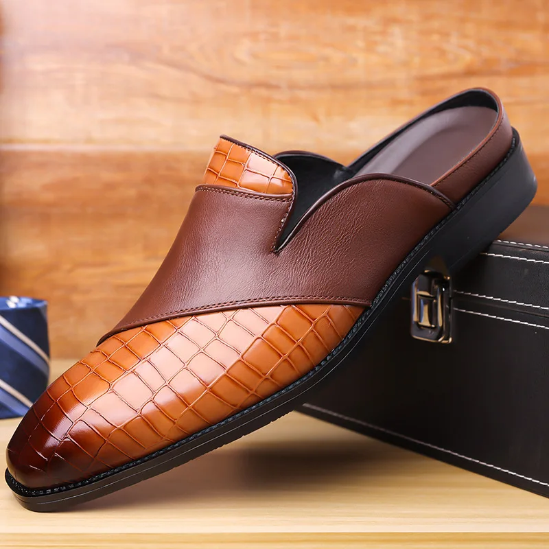 Big Size Fashion Casual No Heel Half Slippers for Men Summer Autumn New Designer Leather Shoes Male Solid Color Mules Man，38-48
