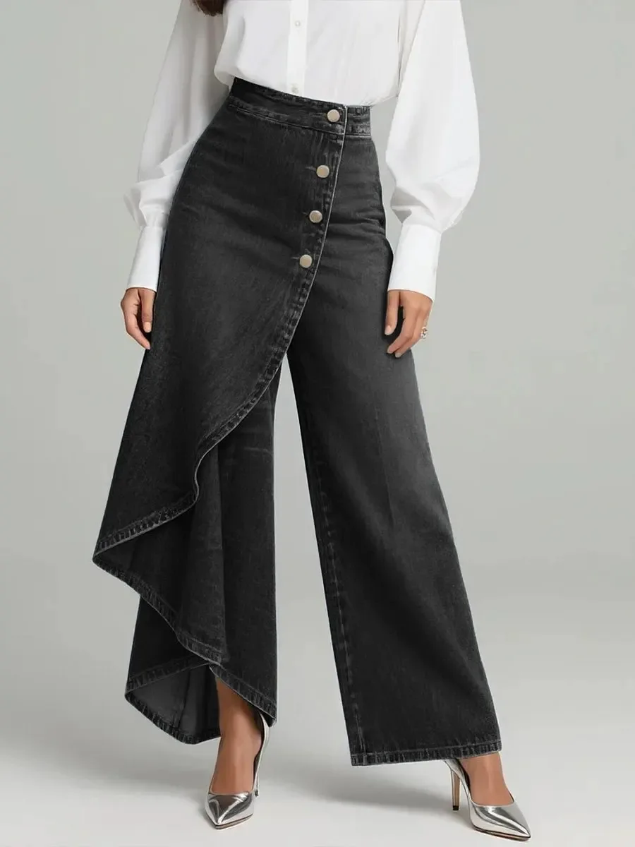 2026 New Women's Casual Wide Leg Pants Spring Fashion Breasted Design Ladies Slim Trousers Vintage Imitation Denim Women Pants