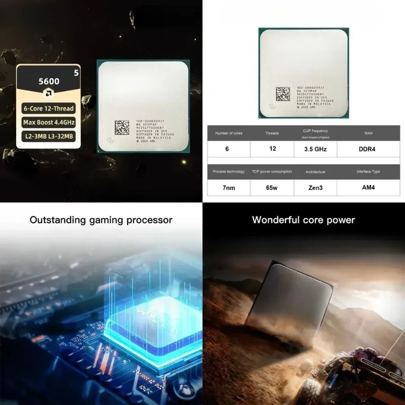 Ryzen 5 5600 CPU R5 5600 Processor 4.4GHz 6-Core 12-Thread 32MB Cache Socket AM4 Desktop PC Gaming CPU