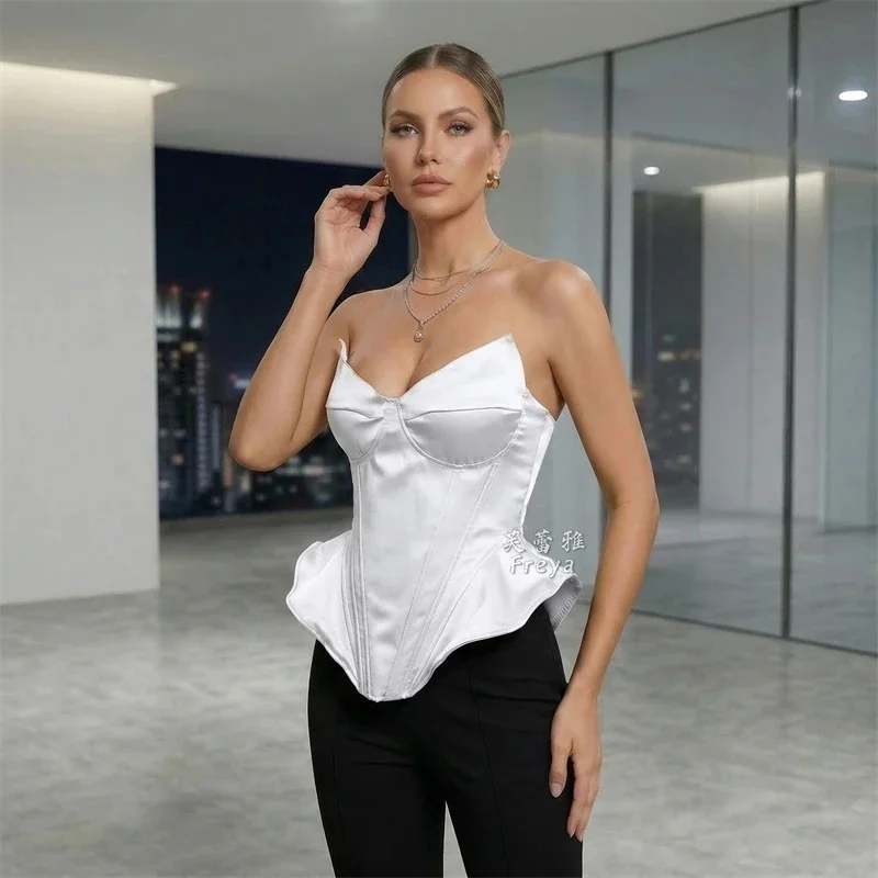 Trendy Sexy Lime Green Satin Strapless Corset Top Boned Waist Cinching Irregular Hem Bustier For Young Women Daily Party Club