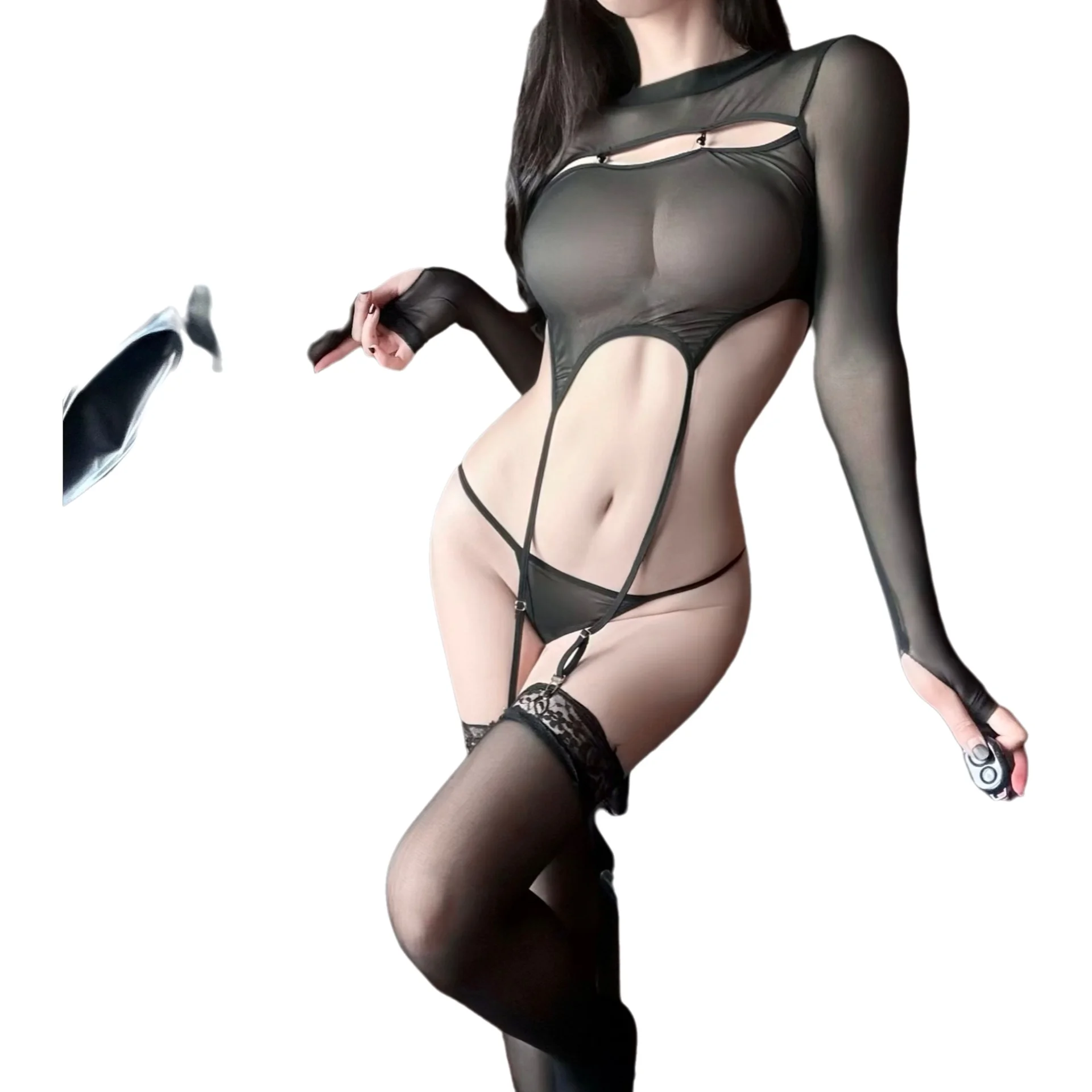 Sexy Mesh Bodysuit One-piece Garter Belt Seductive Pure Desire Sleepwear Women's Transparent Long Sleeve Bodysuit For Woman JQTL