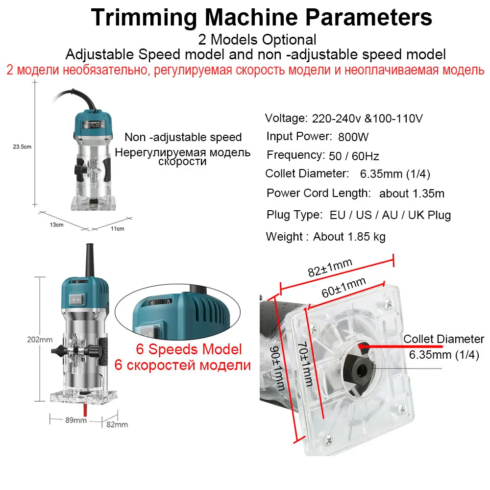 800w 30000rpm Wood Router Kit，6 Speed Electric Trimmer Woodworking Tool Power Carpentry Manual Trimmer Tools With Milling Cutter