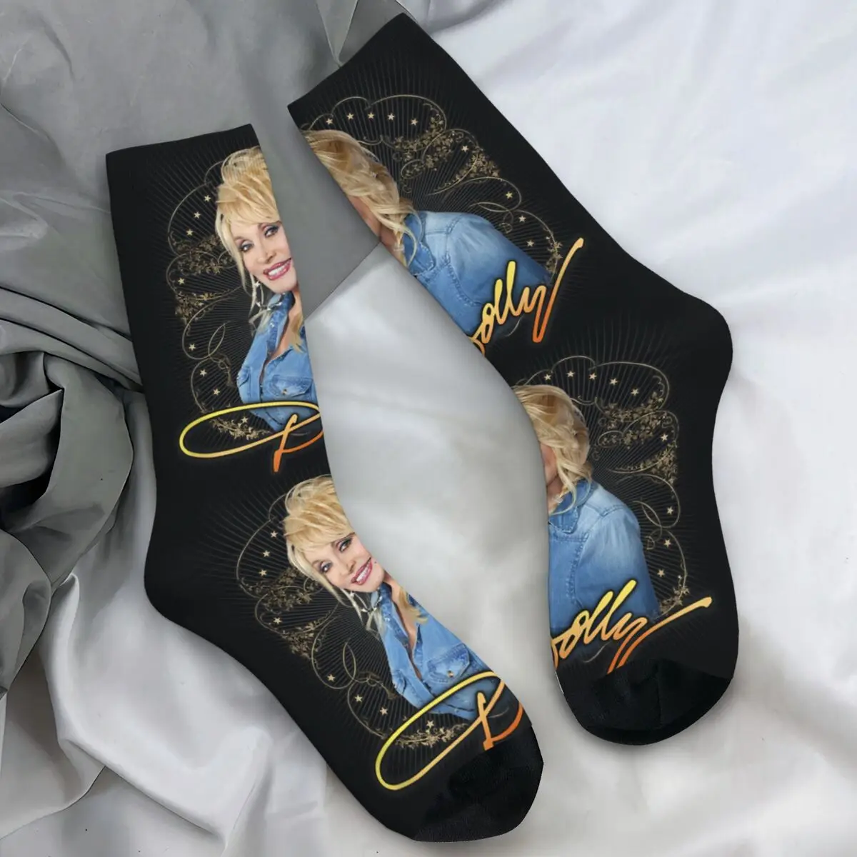 

Джинсовые носки Dolly Parton с улыбкой, осенние чулки Kawaii, унисекс, мужские удобные носки, дизайнерские велосипедные носки против пота