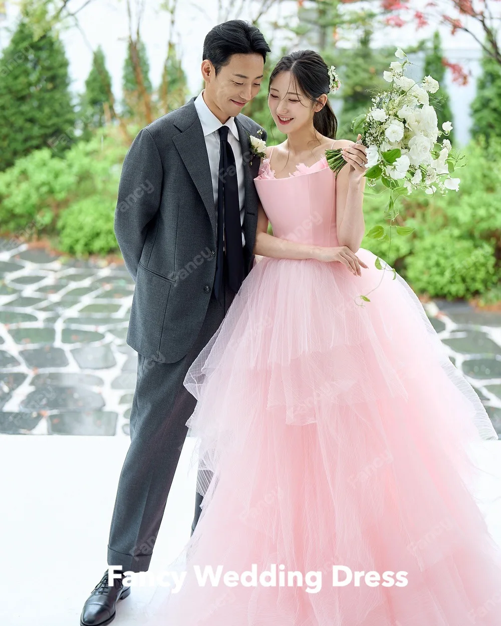 Fancy Fairy Pink Strapless Korea Wedding Dress Photo Shoot A Line Tulle Bridal Gown Floor Length Evening Dresses Custom Made