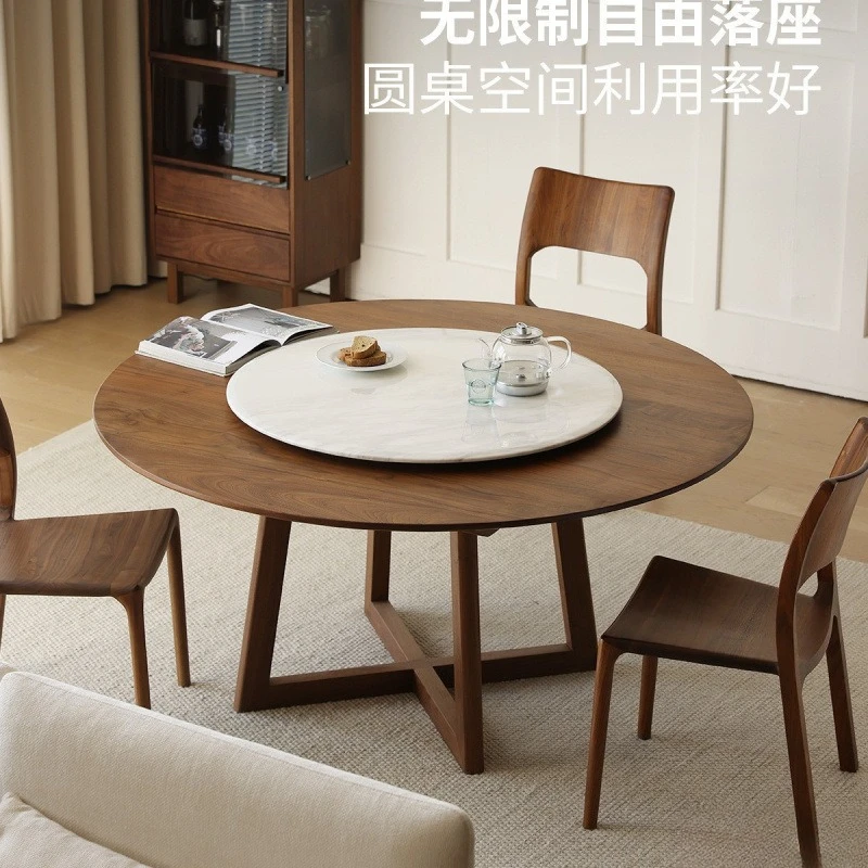All solid wood round table, black walnut solid wood dining table, small household with turntable rotation