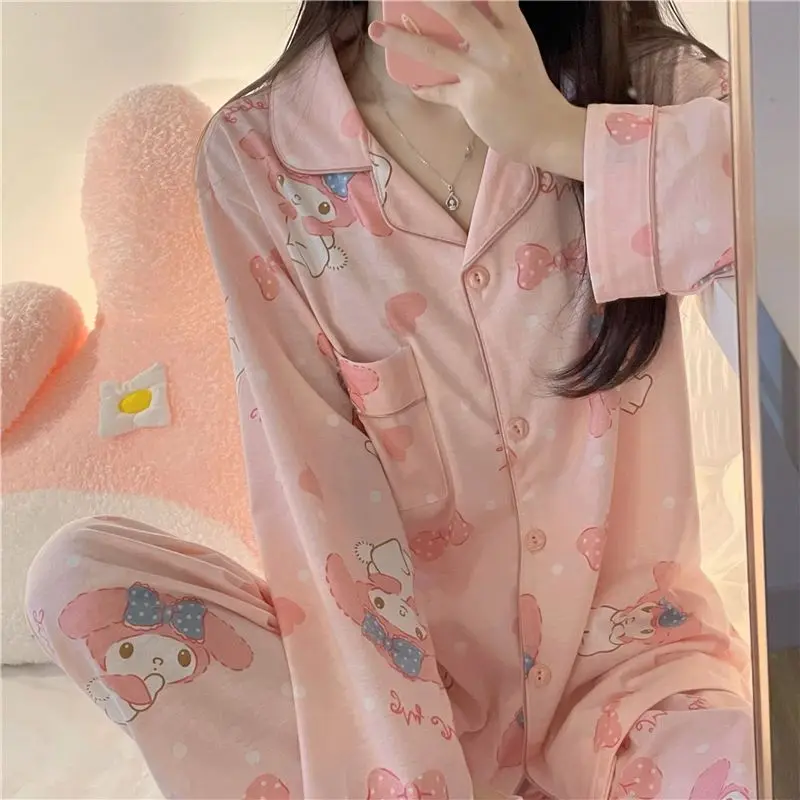 New Sanrio My Melody Pajamas Women Spring Autumn Cute Korean Fashion Long Sleeve Sleepwear Cartoon Pink Pajama Sets Home Clothes