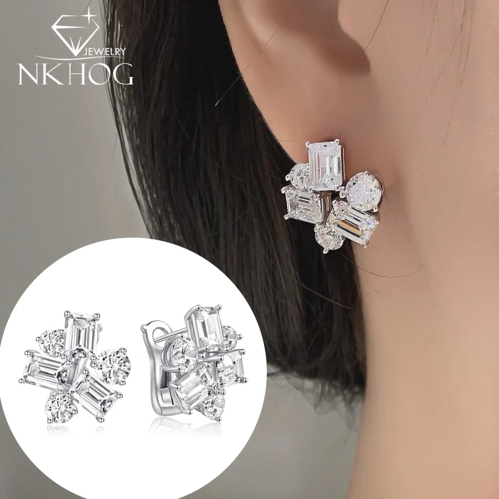 

NKHOG Luxury Full Moissanite Stud Earrings Women S925 Silver Emerald/Round Cut Lab Diamond Wedding Party Ear Stud Fine Jewelry