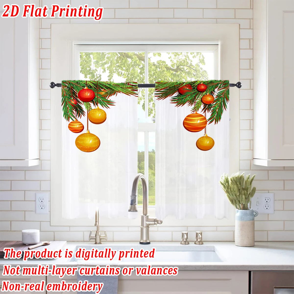 Christmas Flat Printing Kitchen Sheer Curtain with Merry Christmas Ball Pine Branch For Christmas Home Decor  Party