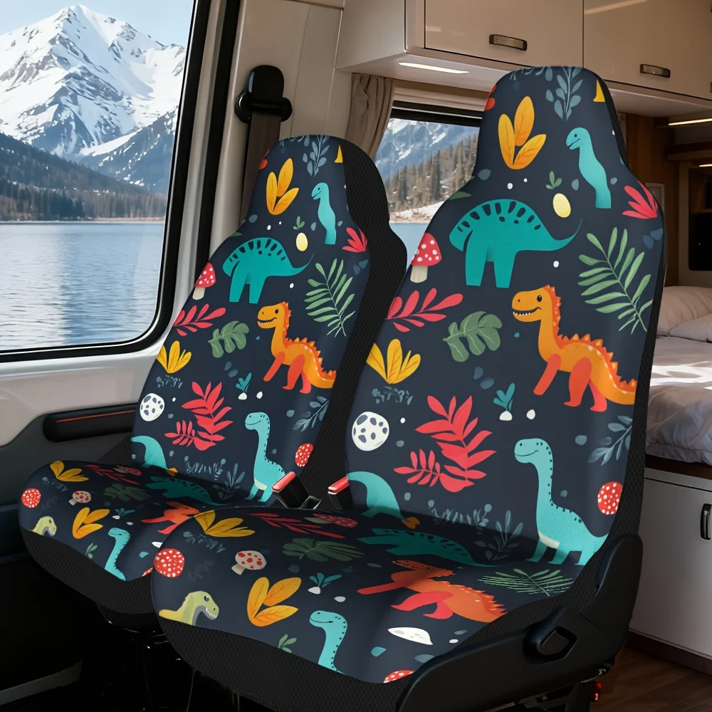 2pcs Dinosaur Parade Car Seat Covers Set - Vibrant Dinosaur & Leaf Print, Durable Polyester, Fit For Most Car Models, All-Season