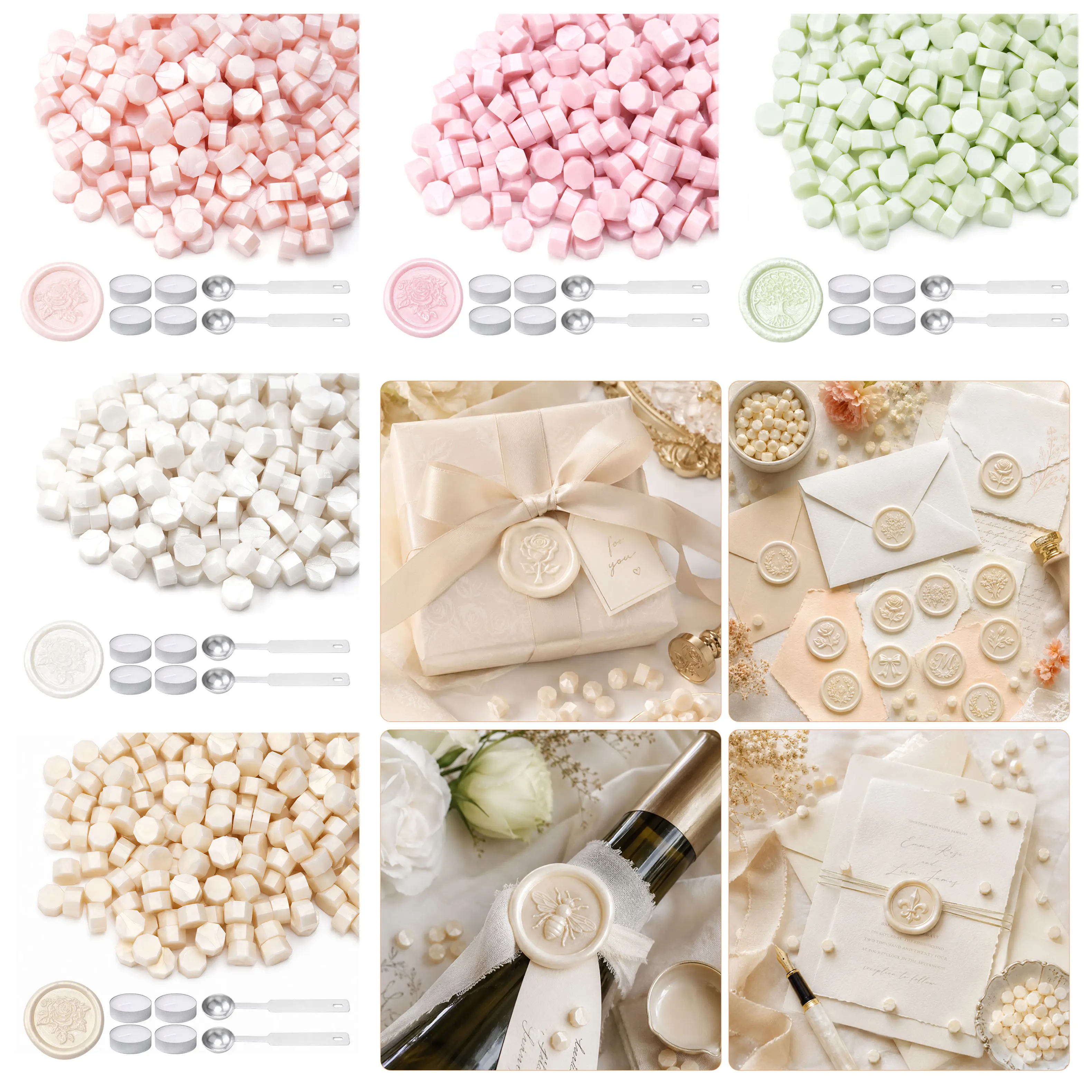 Wax Seal Kit 200Pcs Sealing Wax Pellets 4Pcs Candles 2Pcs Spoon for Diy Wedding Invitation Envelope Gift Packaging Craft Decor