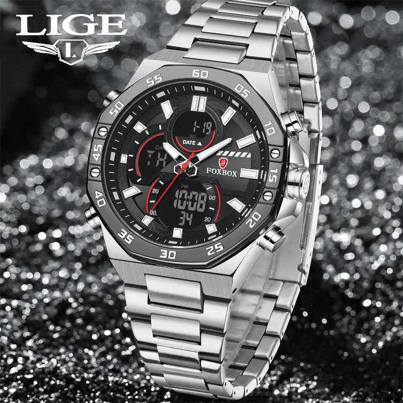 

LIGE New Luminous Watches Mens Business Led Digital Dual Time Week Display Waterproof Stainless Steel Wristwatches Reloj Hombre