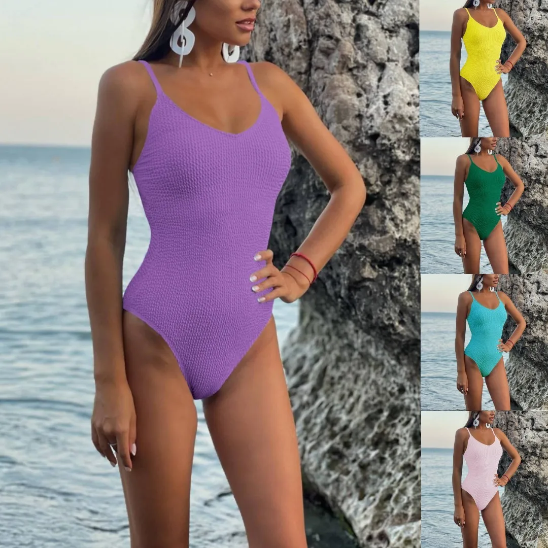

Sexy Color One-Piece Swimsuit e Cross-Border New Product Pure Color e Swimsuit Fixed Chest Pad Casual Swi...