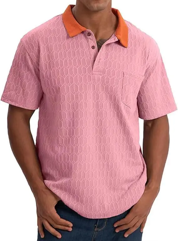 

Summer Mens Textured Polo Shirts Casual Turn-down Collar Buttoned Short Sleeve Polo T Shirt New Men Loose Fashion Pullovers