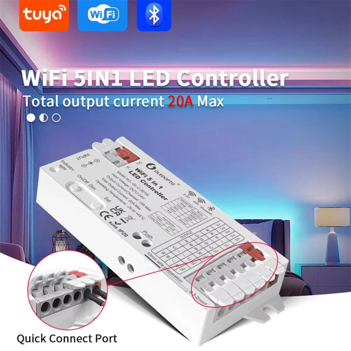 

Контроллер светодиодных лент A45U 5-в-1 Wi-Fi, 20 А, совместимый с Tuya Smart Life, голосовое управление, поддержка RGBCCT, RGBW, RGB, CCT, WWCW