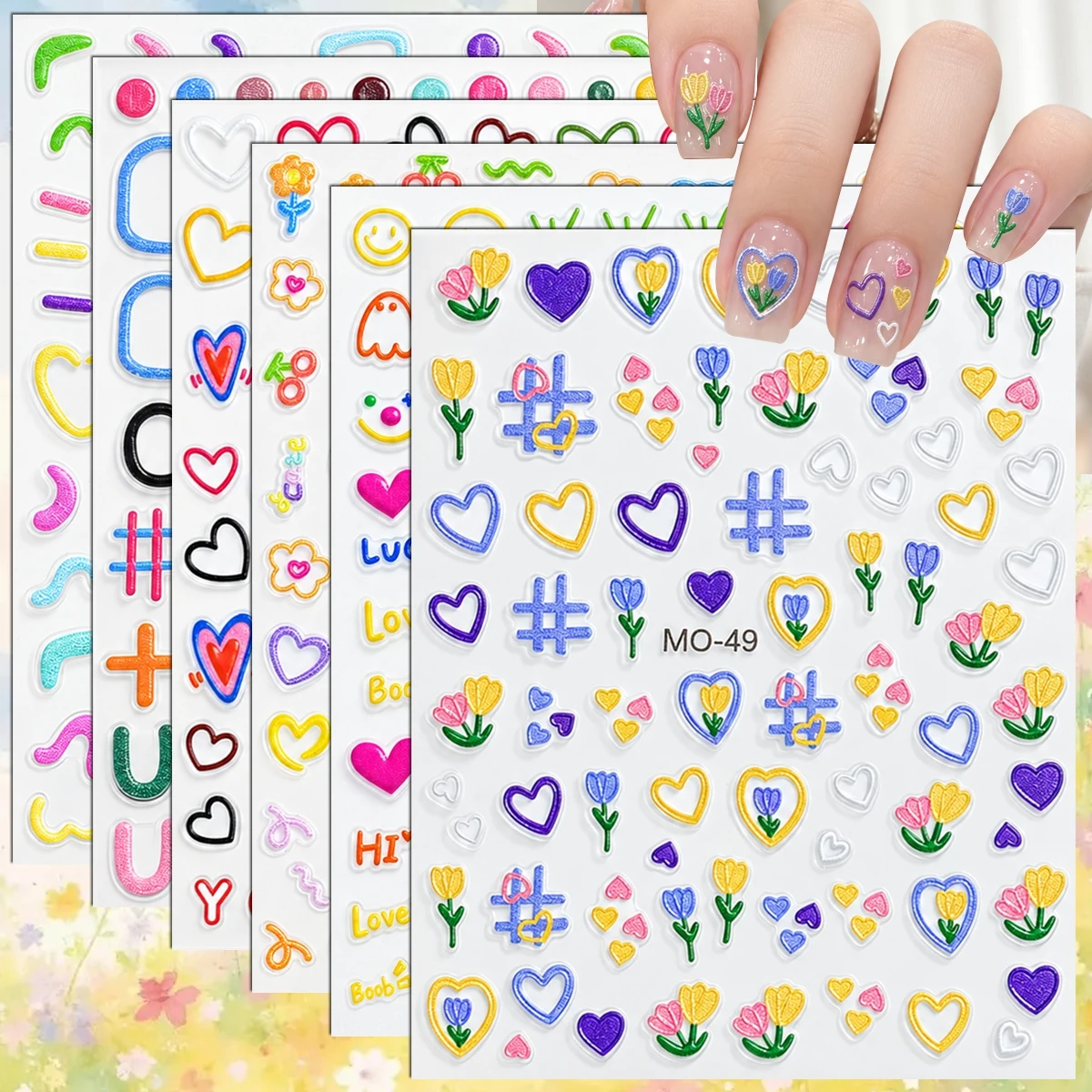3 to 12 Sheets 5D Kawaii Colorful Heart Flower Fruit Cartoon Self-Adhesive DIY Nail Art Stickers
