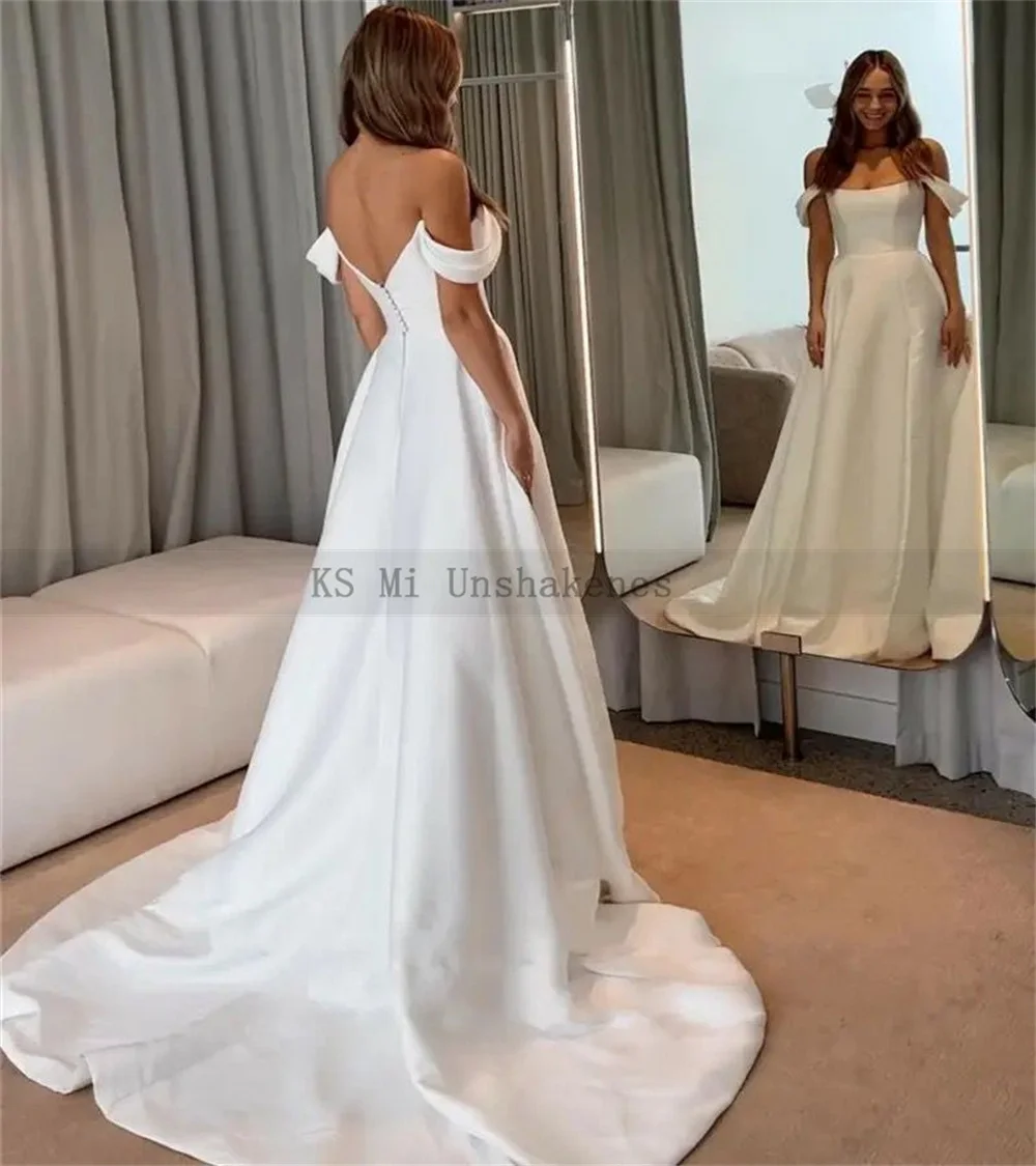 Simple Civil Wedding Dresses Off the Shoulder Sleeveless Side Split Summer Beach Bride Dress Satin Minimalist Wedding Gowns 2024