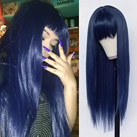 Peluca de pelo de repuesto sintético con flequillo, pelucas resistentes al calor de Color azul para mujeres de moda