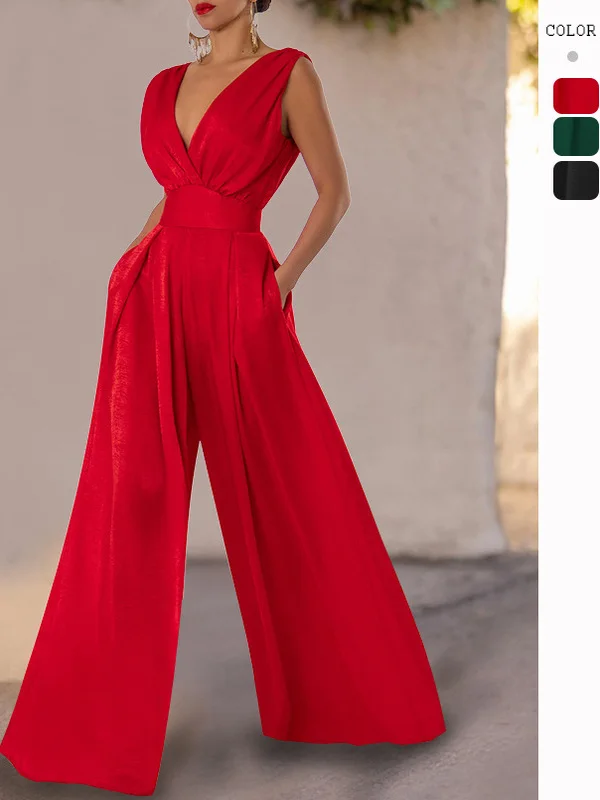 

High Waist Slim Fit Wide Leg Jumpsuit Women's Faionable One-Piece Suit Long Pants Polyester Thin Model Summer Collection