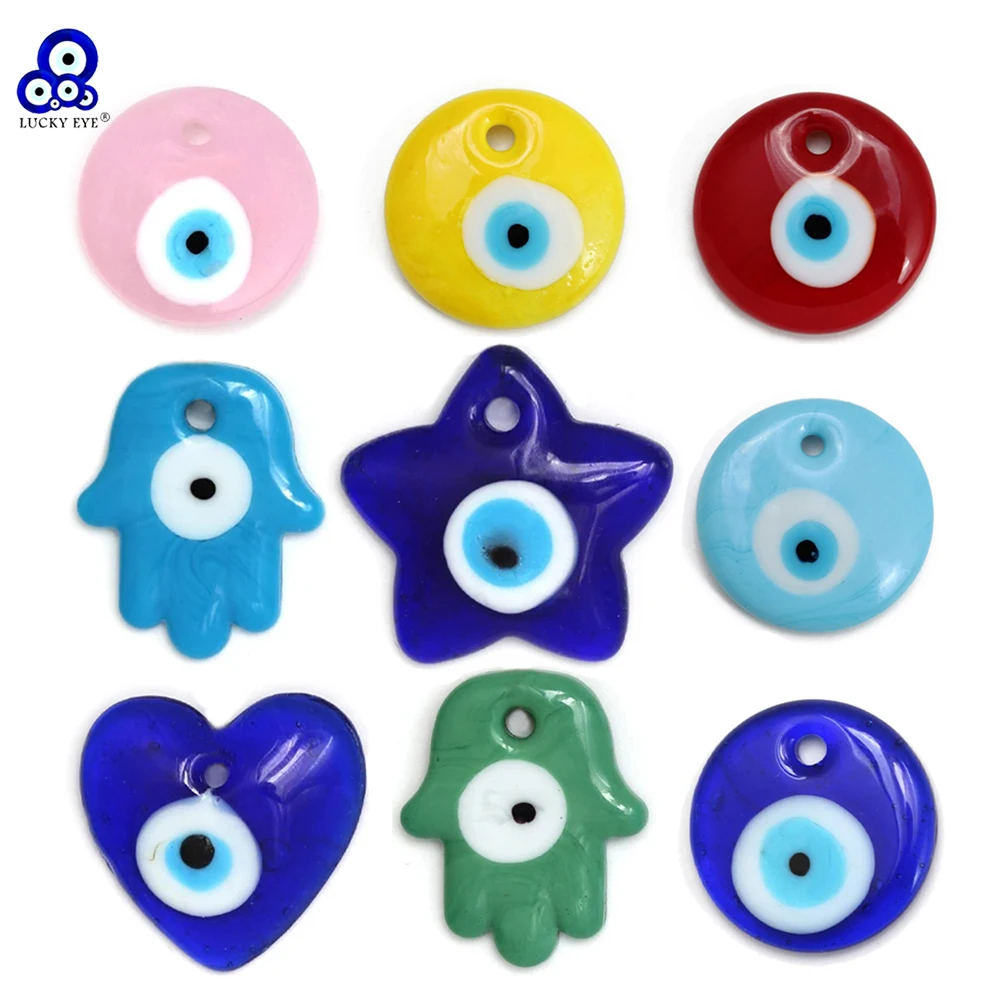 Lucky Eye Fatima Hamsa Hand Heart Star Round Pendant Glass Blue Turkish Evil Eye Pendant for Necklace Jewelry Making Accessories