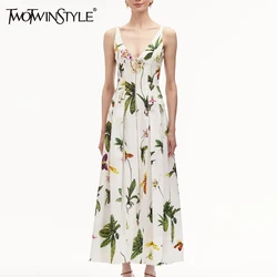TWOTWINSTYLE Hit Color Printing Dresses For Women V Neck Sleeveless High Waist Elegant Casual A Line Dress Female Fashion 2024