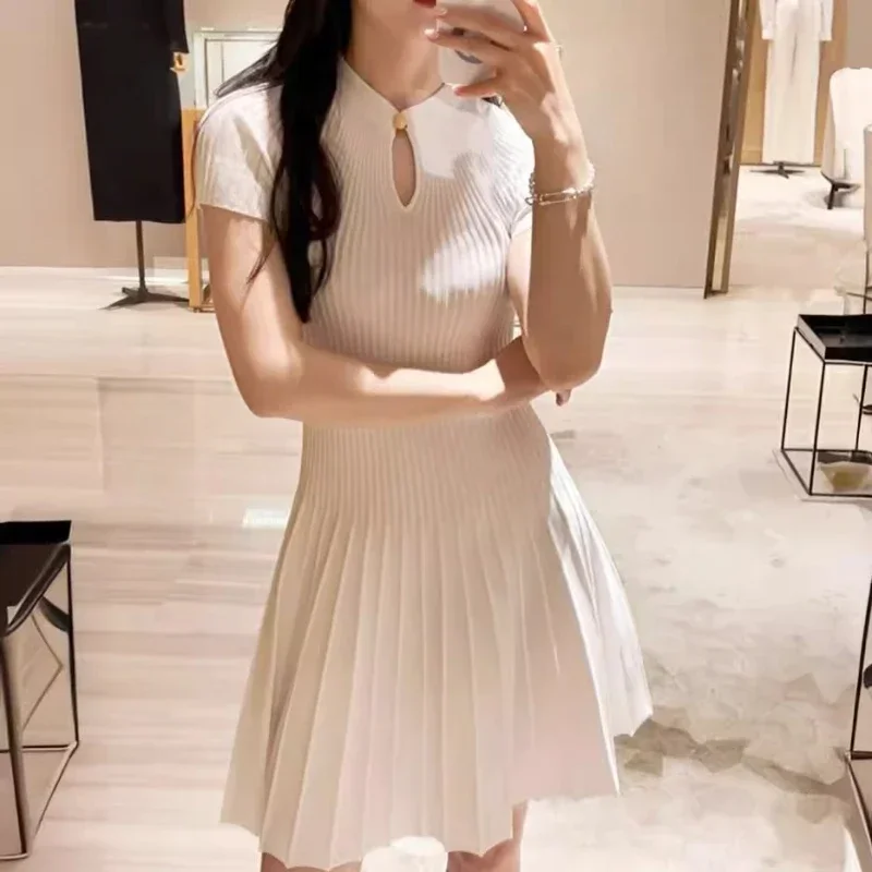 

2024 summer women metal button knitted dress slim sleeveless elegant ladies party mini dress