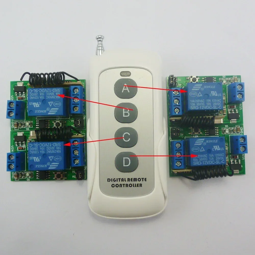 

1 Pcs 4 Buttons Remote Control +4 Pcs Receiver 12V 433MHz RF Delay Time Wireless