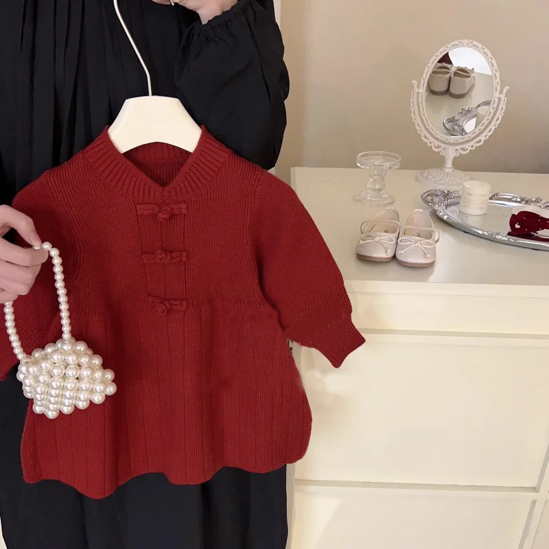 

Girl's Sweater Skirt Spring and Autumn2024New Western Style Baby Girl Knitted Dress Children Red Princess Dress