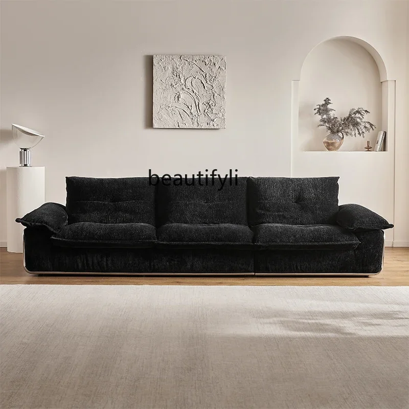 Black retro chenille down fabric sofa removable and washable straight row medium antique style, sofa high backrest