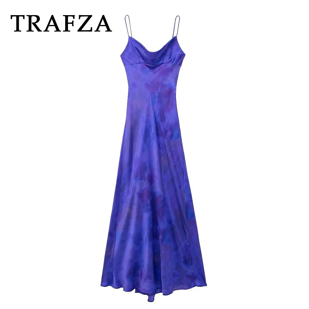 TRAFZA 2024 Wommen Summer Camisole Sexy Print Dresses Lace-Up Backless Long Skirt Spaghetti Strap Folds Casual Women Dresses