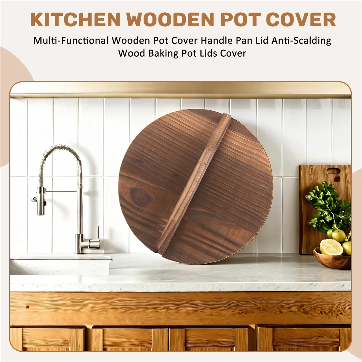 ABFKL Kitchen Multi-Functional Wooden Pot Cover Handle Pan Lid Eco-Friendly Anti-Scalding Wood Baking Pot Lids Cover 26cm