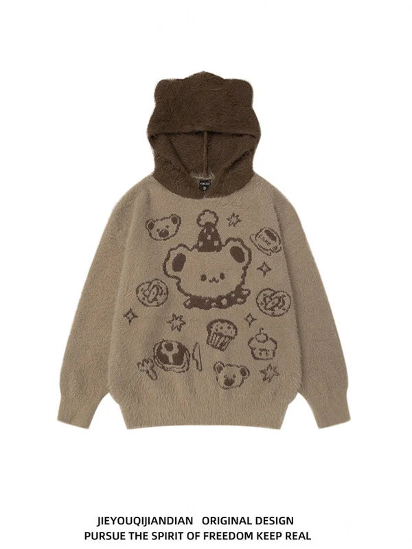 

Мягкий вязаный свитер с узором в виде медведя, свободного кроя, осенне-зимний, повседневный, с длинными рукавами, термотоп