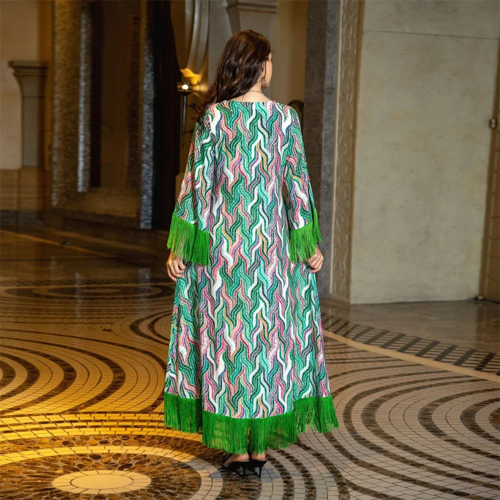 Ethnic Print Jalabiya for Women Muslim Eid Party Dress Ramadan Morocco Kaftan Dubai Abaya Feather Tassel Gown African Dresses