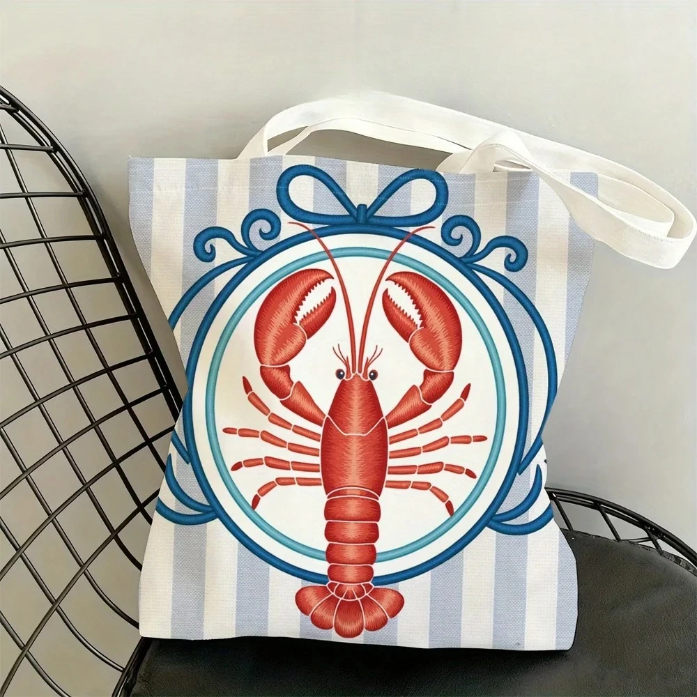 Retro Nautical Lobster Ornament Pattern Tote Bag Portable Reusable Shopping Bag Ladies Travel Shoulder Handbag