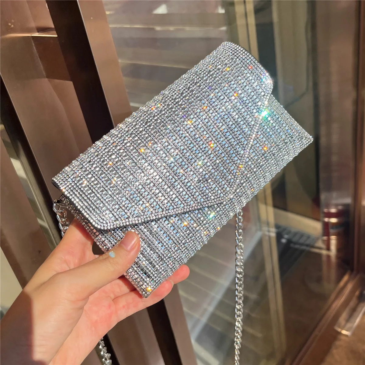 

Glitter Shiny Diamonds Square Bag Women Fashion Handbag Bling Evening Bag Dinner Party Clutch Purse Shoulder Crossbody Chain Bag