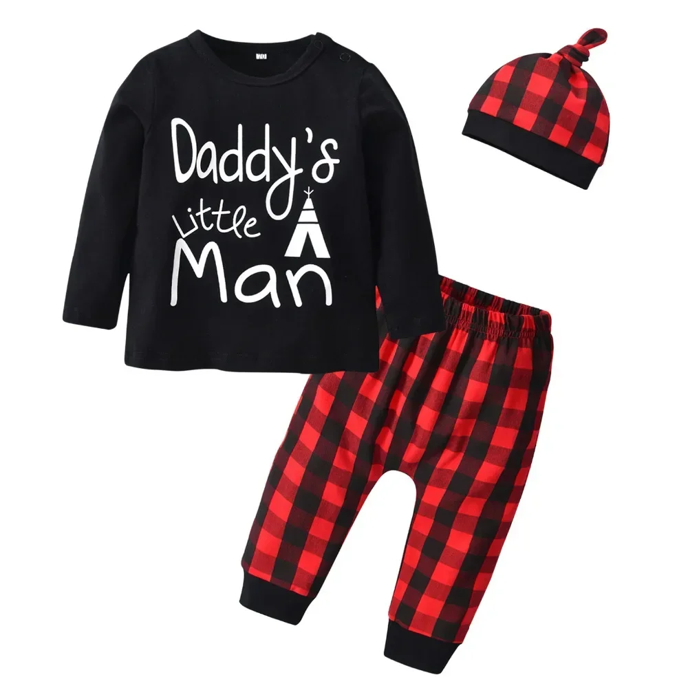 3Pcs Newborn Baby Boys Fashion Clothes Set Long Sleeve Letter Printed Top + Pants + Hat Toddler Boys Clothing for 0-24Months