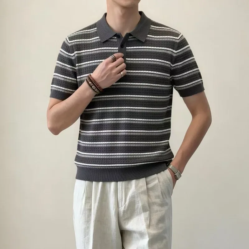 Classic Ice Silk Knitted Polo Shirt for Men Versatile Short Sleeved Lapel Knitted Pullover Casual Business Social T-shirt 2026