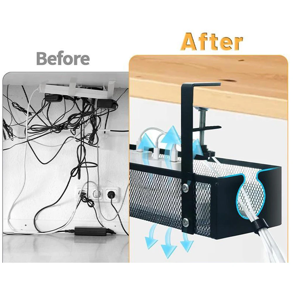 No Drilling Extendable Under Desk Cable Management Metal Cable Tray Under Desk With Clamp Retractable Power Strip Cord Holder