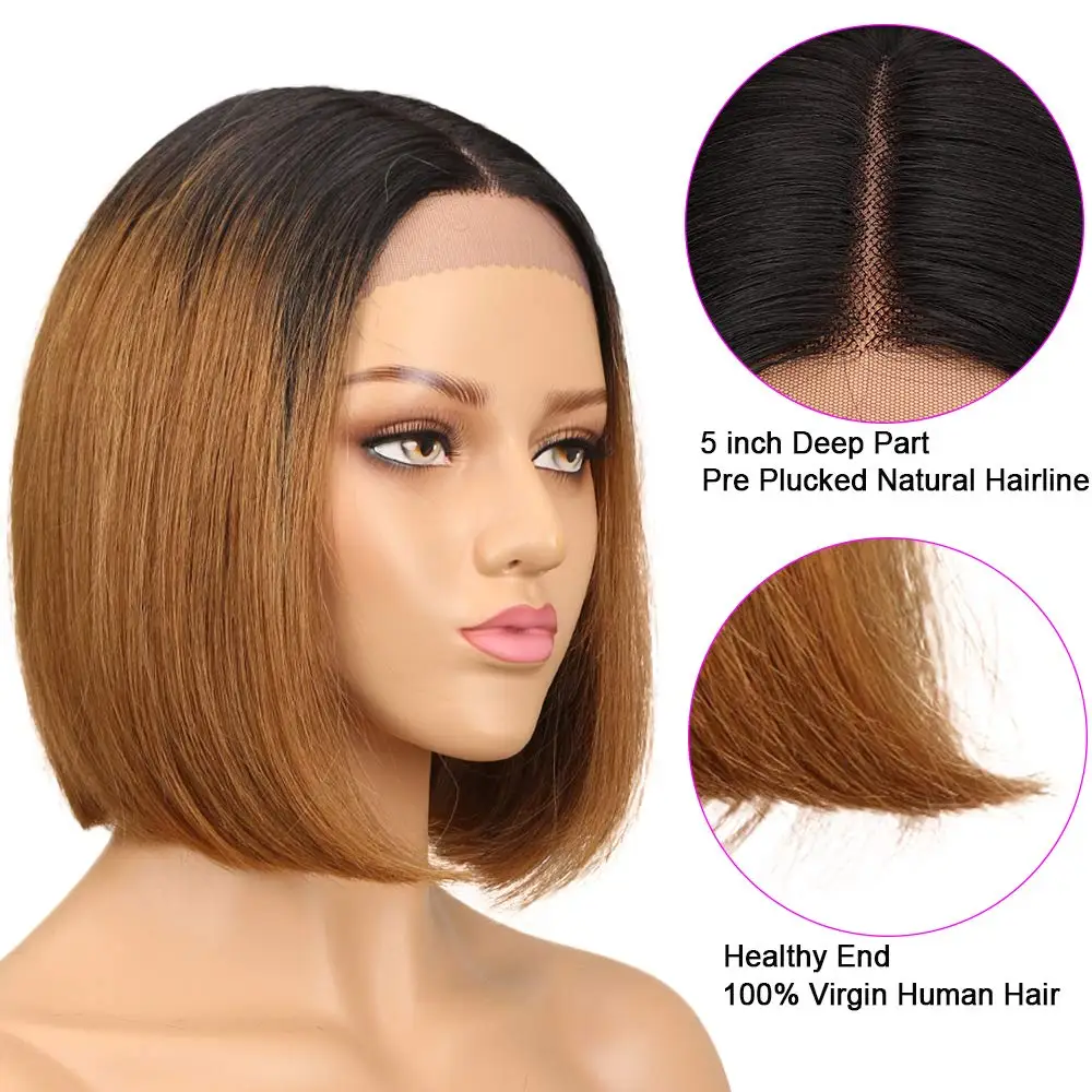 Glueless wigs Wear & Go Lace front Ombre Honey Blonde Bob Wig 13x1 Honey Brown Straight Human Hair Wigs Lace Part Brown Wigs image 4