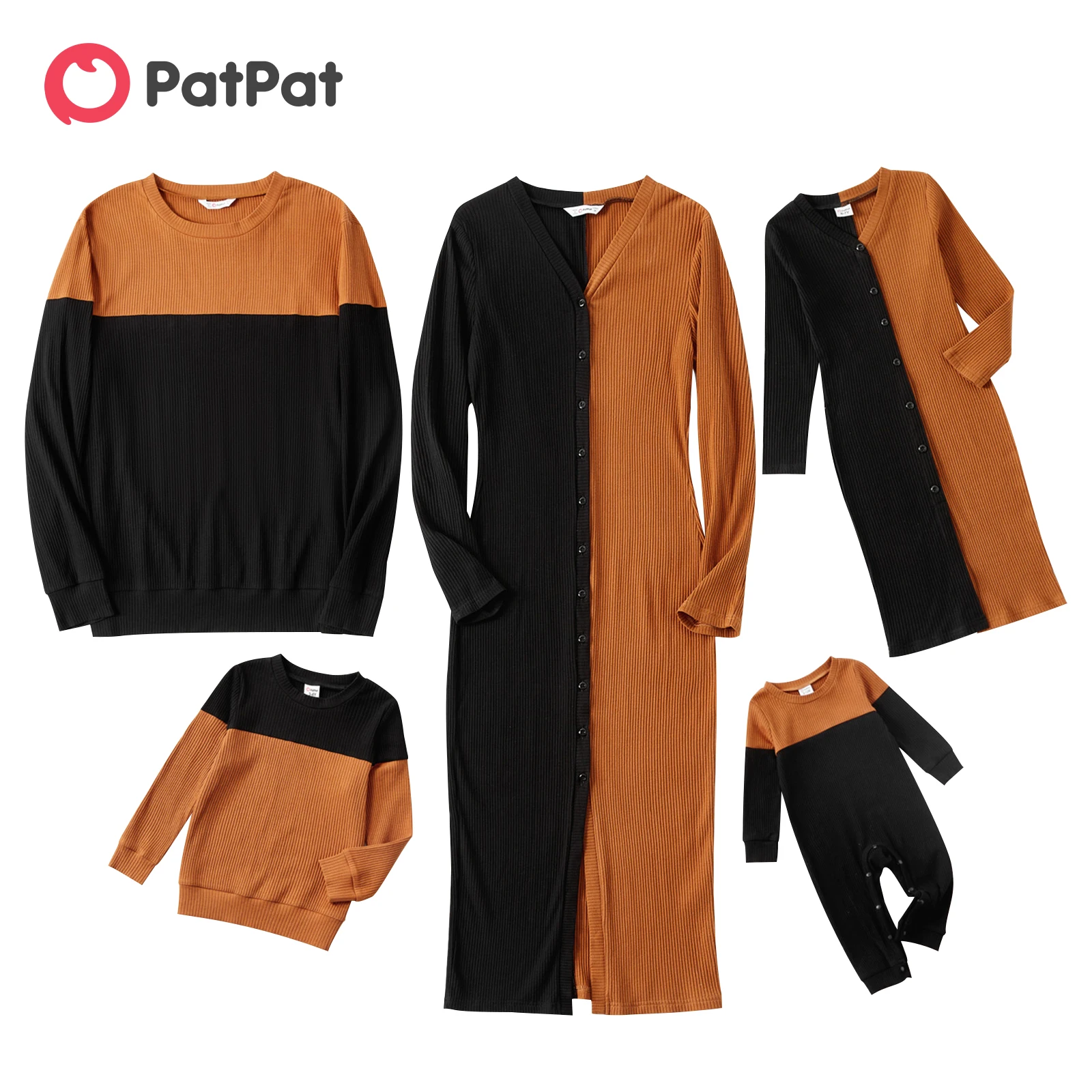 

PatPat Family Matching Colorblock Rib Knit Long-sleeve Button Front Split Bodycon Dresses and Tops Sets