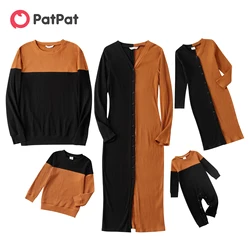 PatPat Family Matching Colorblock Rib Knit Long-sleeve Button Front Split Bodycon Dresses and Tops Sets