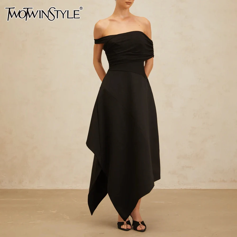 

TWOTWINSTYLE однотонные утягивающие длинные платья нестандартной формы для женщин с вырезом на шее и открытыми плечами, платье с высокой талией, женская модная одежда