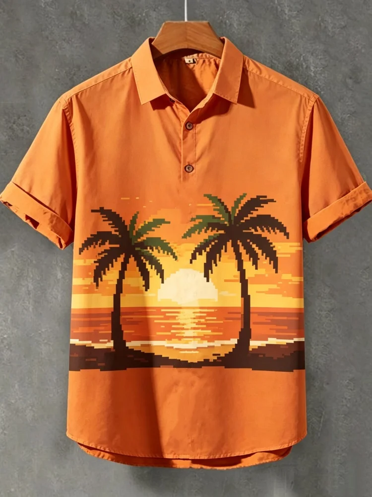 

Men's Retro Pixel Hawaiian Sunset Henley Shirt, Loose Fit Comfortable Short Sleeve, Trendy Casual 3-Button Pullover