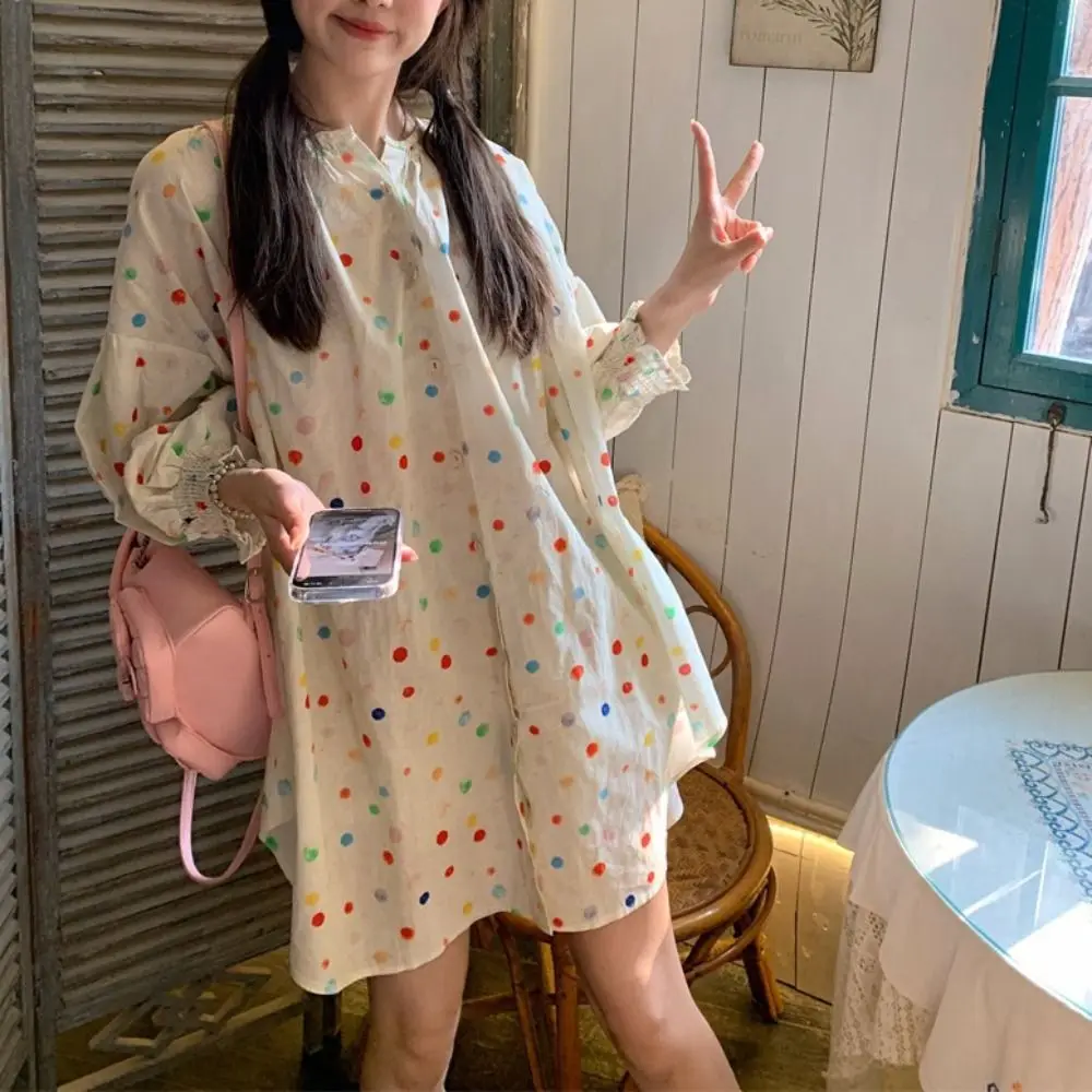 

Korean Style Sweet Colorful Dots Blouse Loose Ins Long Sleeve Shirt Casual Spring Autumn Button Shirt Women Streetwear